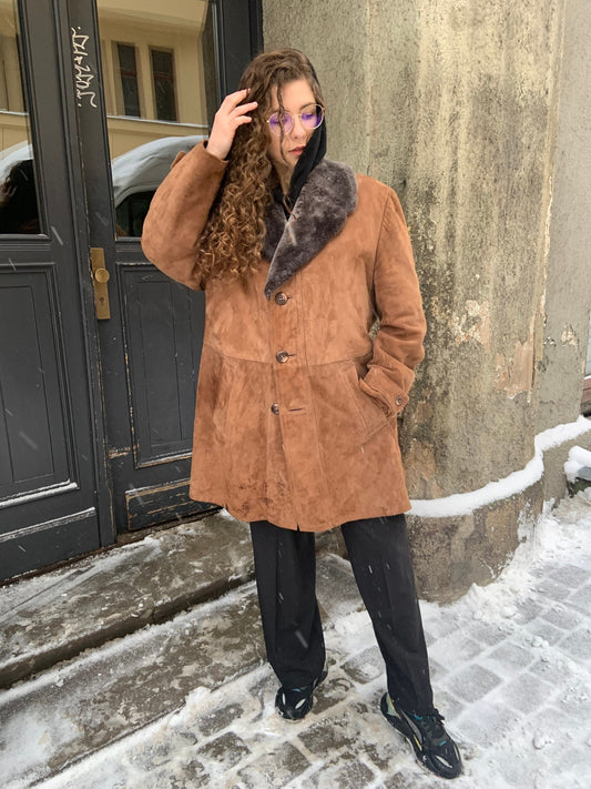 Vintage long sheepskin coat, winter brown leather jacket