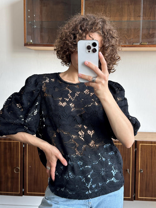 Vintage 80s women black lace blouse, sheer button-down blouse, transparent top