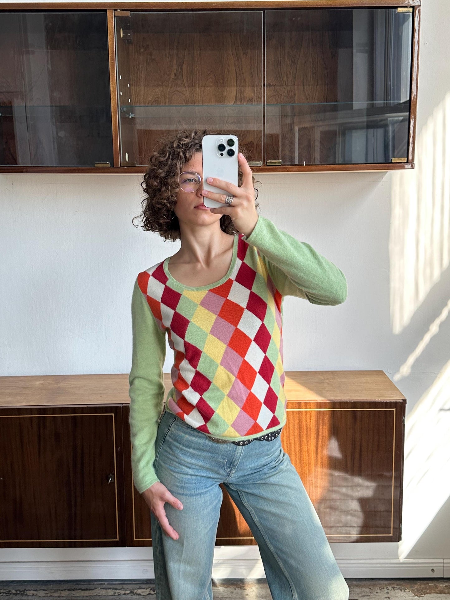 Vintage 90s argyle cashmere sweater in green, multicolor diamond sweater