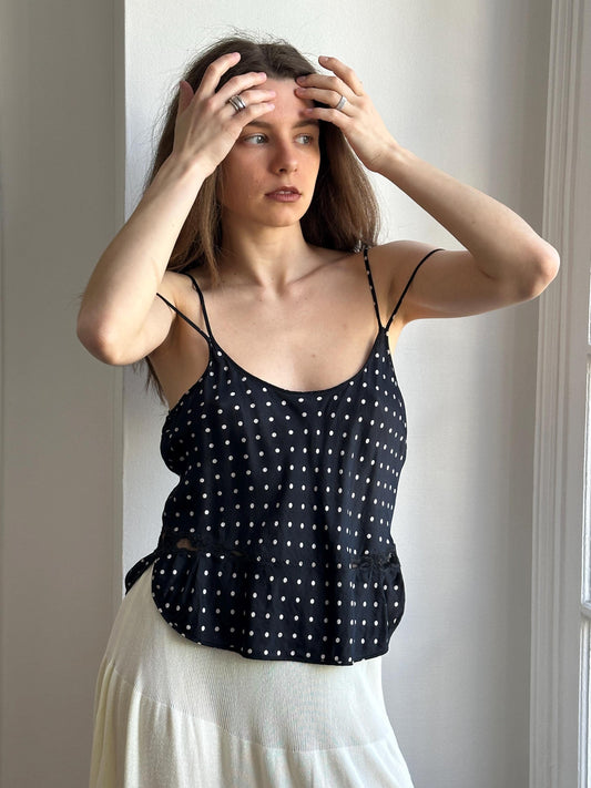 Vintage Pure Silk Polka Dot Nightie Top in Black