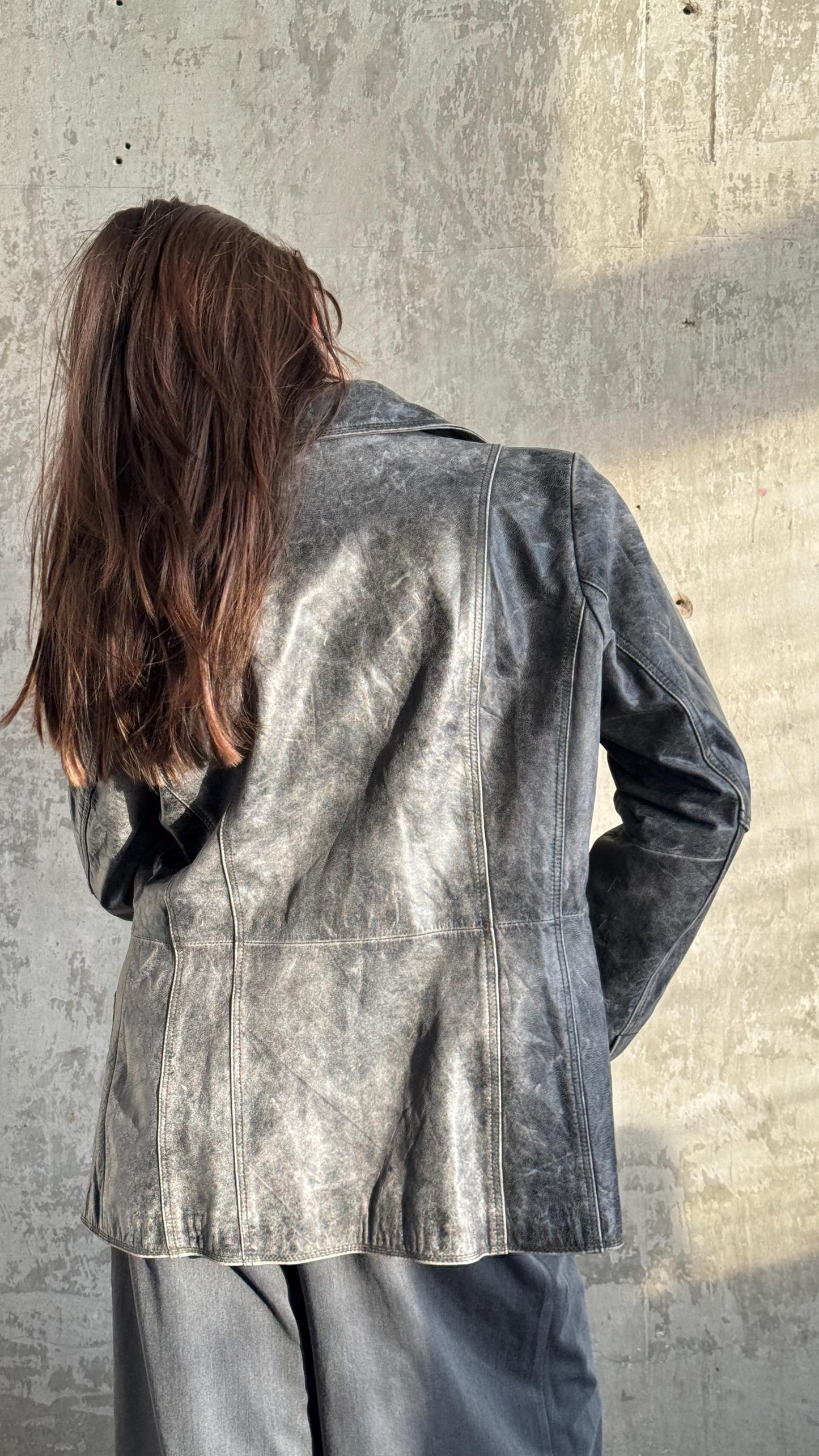 Vintage 90s Burnt Boxy Leather Jacket In Black/Grey