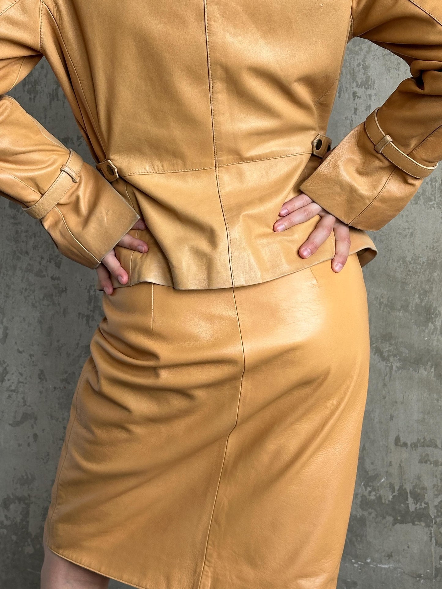 Vintage 90s Camel Tan Leather Suit | Jacket & Zip Skirt Set in Brown