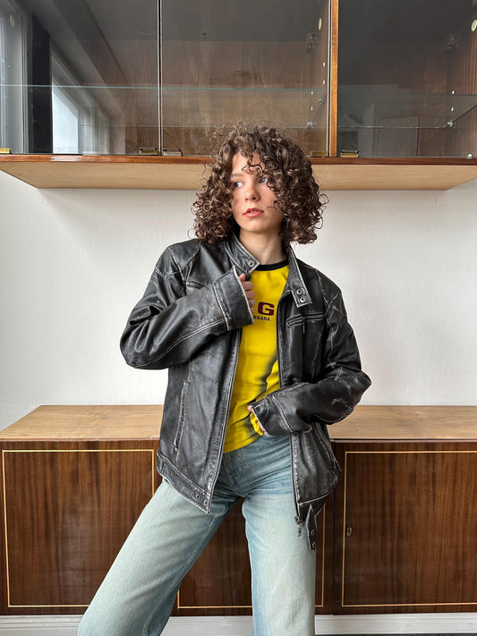 Vintage distressed leather bomber jacket in black with shades