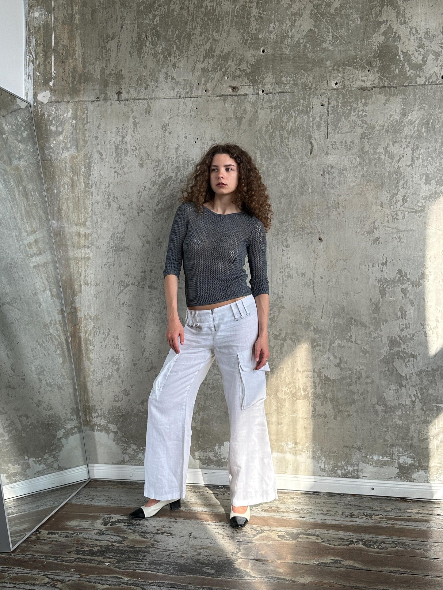 Vintage Max&Co Tricot Grey Open Mesh Knit Top | Sheer Crochet Net Top