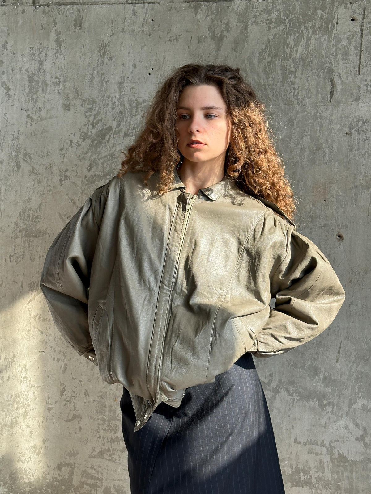 Vintage Oversized Leather Grey Bomber Jacket