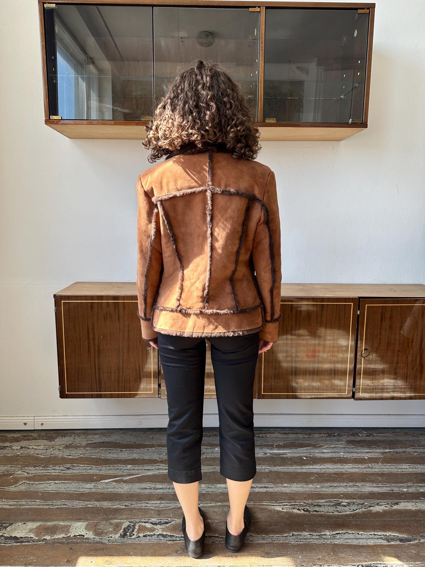 Vintage suede faux leather collar coat in brown