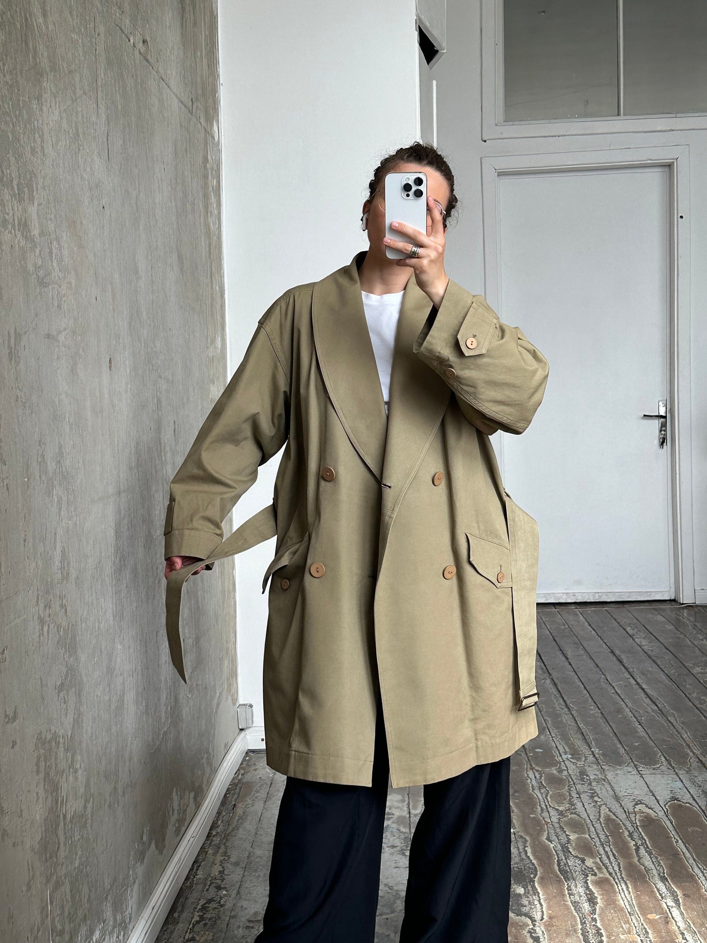 Archive 80s Issey Miyake Plantation trench coat in green, khaki