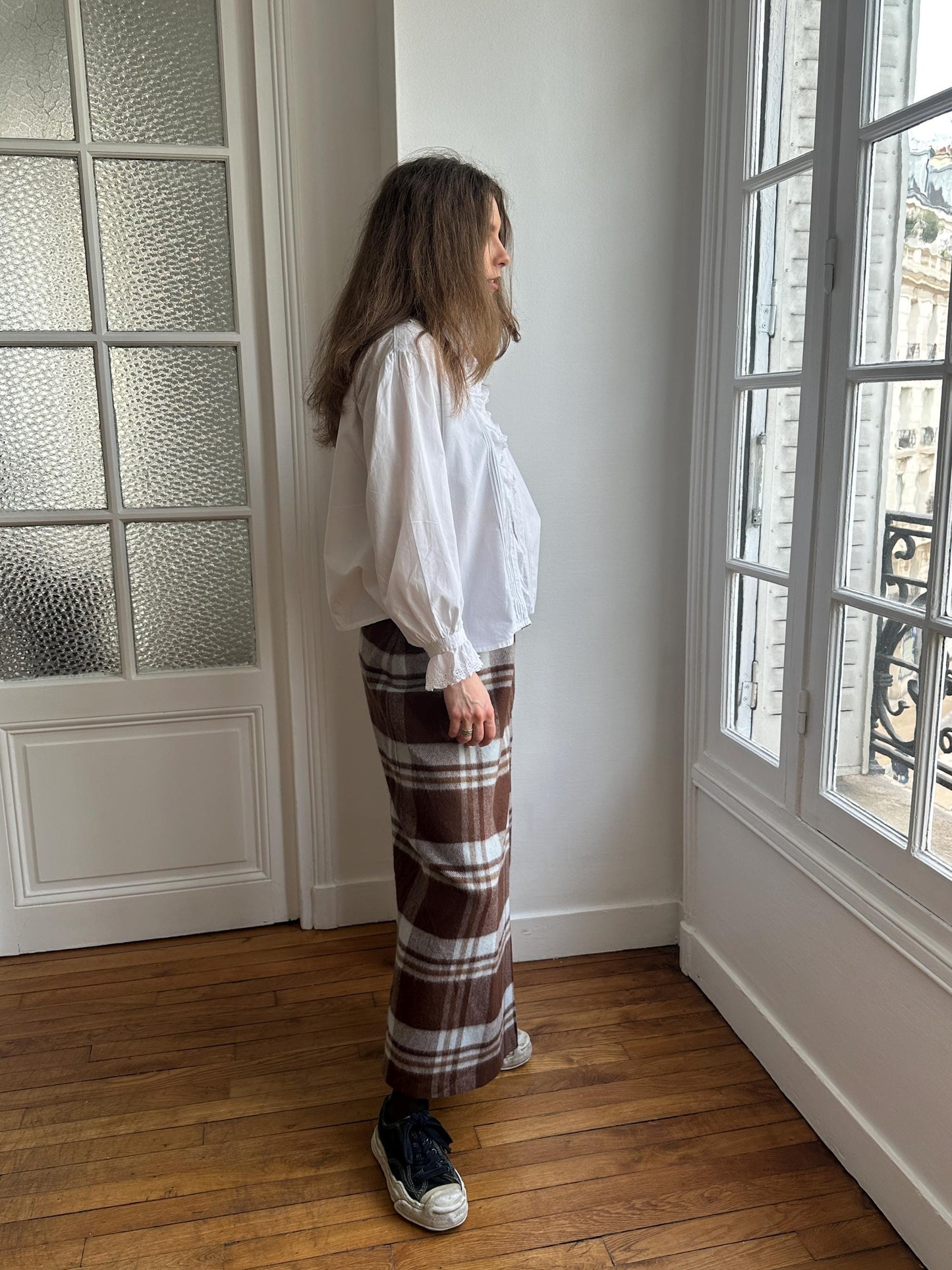 Vintage Plaid Wool Maxi Skirt in Brown