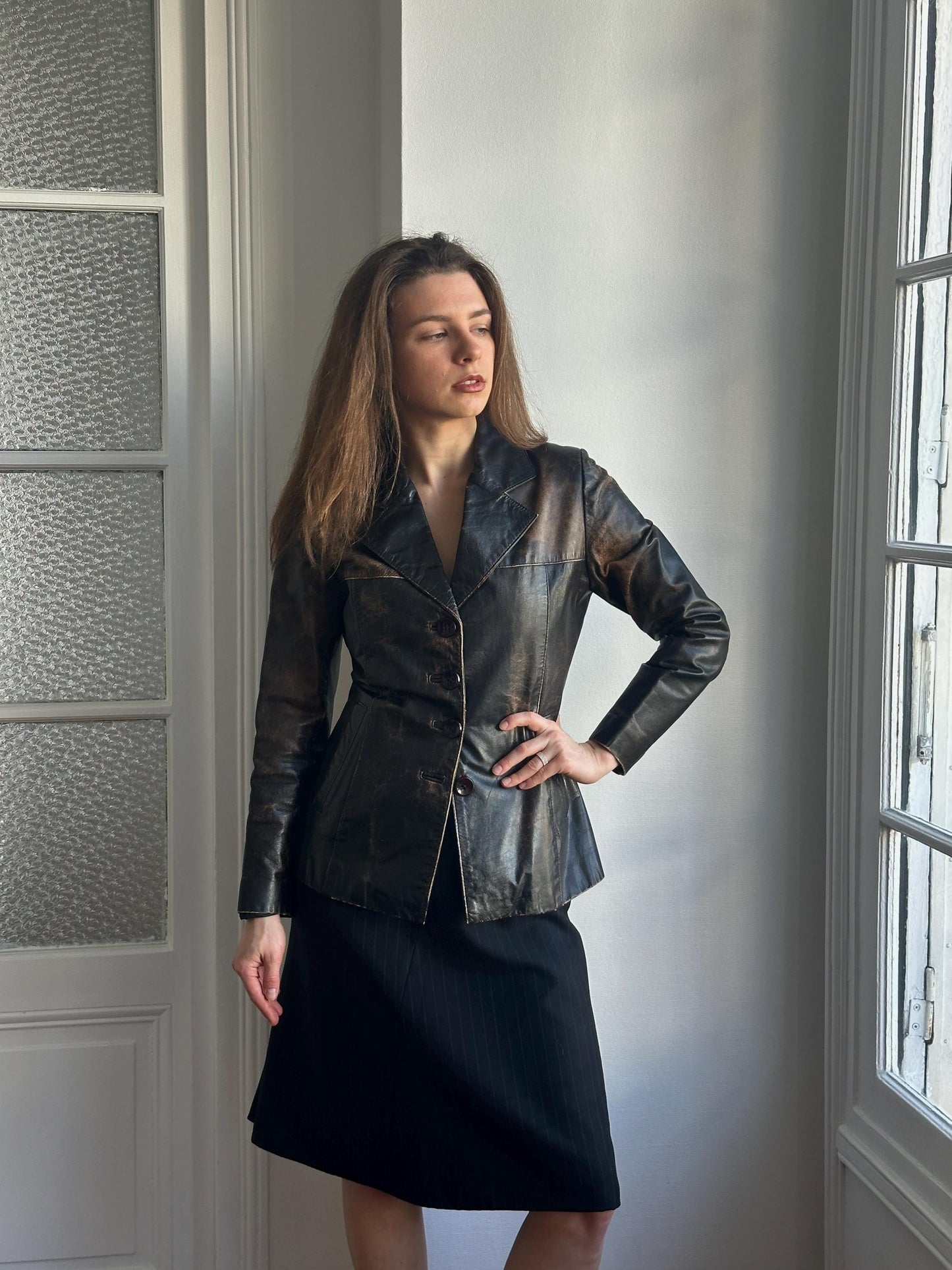 Vintage 90s Burnt Boxy Leather Jacket In Brown
