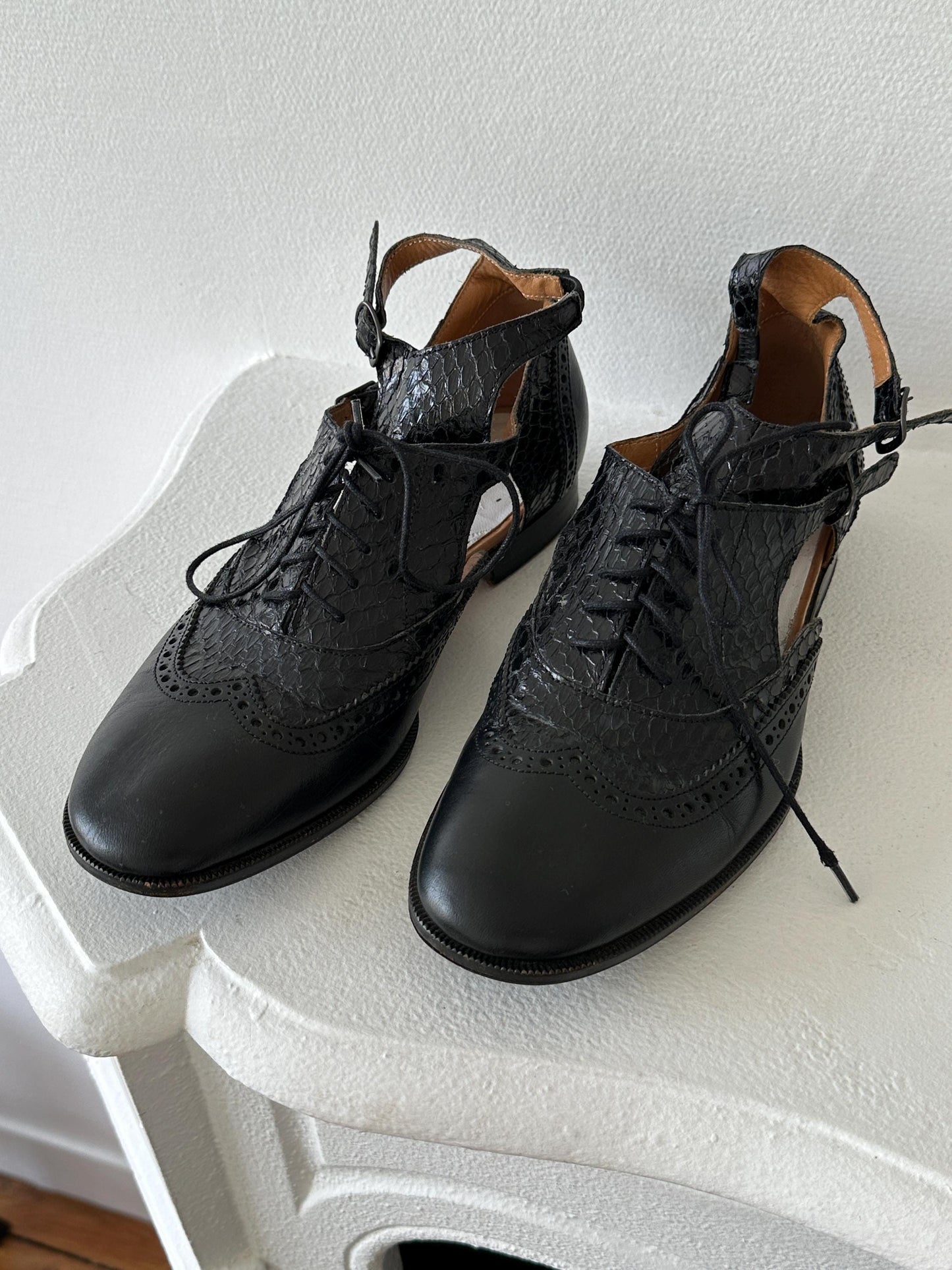 Maison Margiela Line 22 Black Leather Cut-Out Brogue Oxford Sandal in Black I US 6.5
