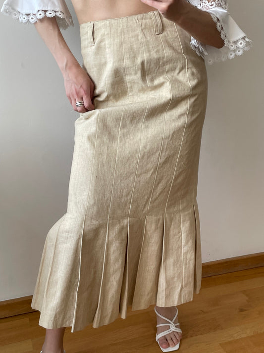Vintage loose linen skirt, maxi mermaid skirt in beige