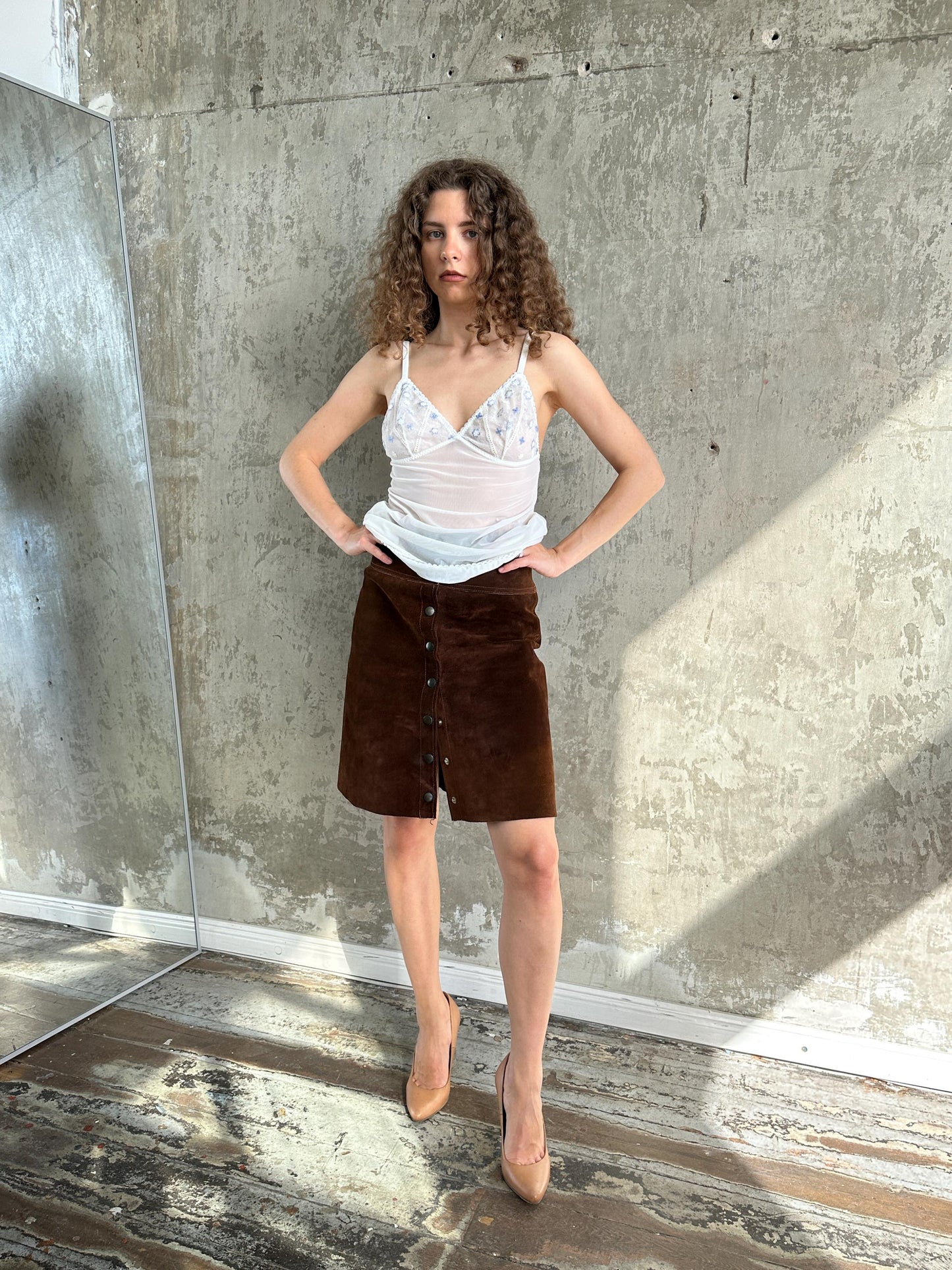 Vintage 70s Brown Suede Snap Button Mini Skirt