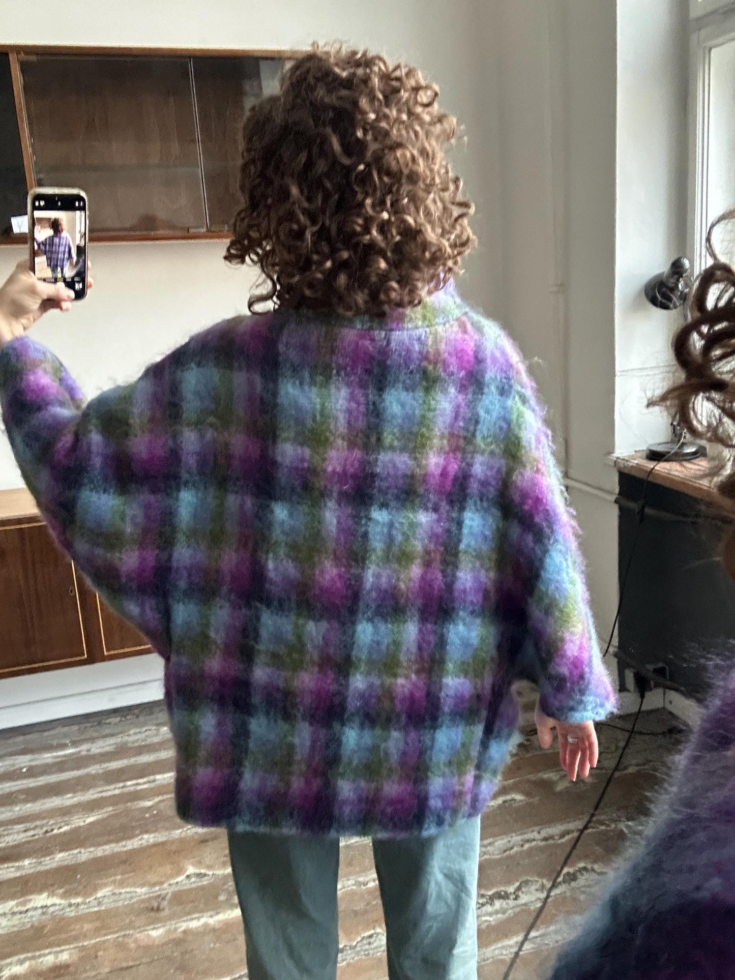 Vintage fuzzy plaid coat in purple and blue, vintage cape