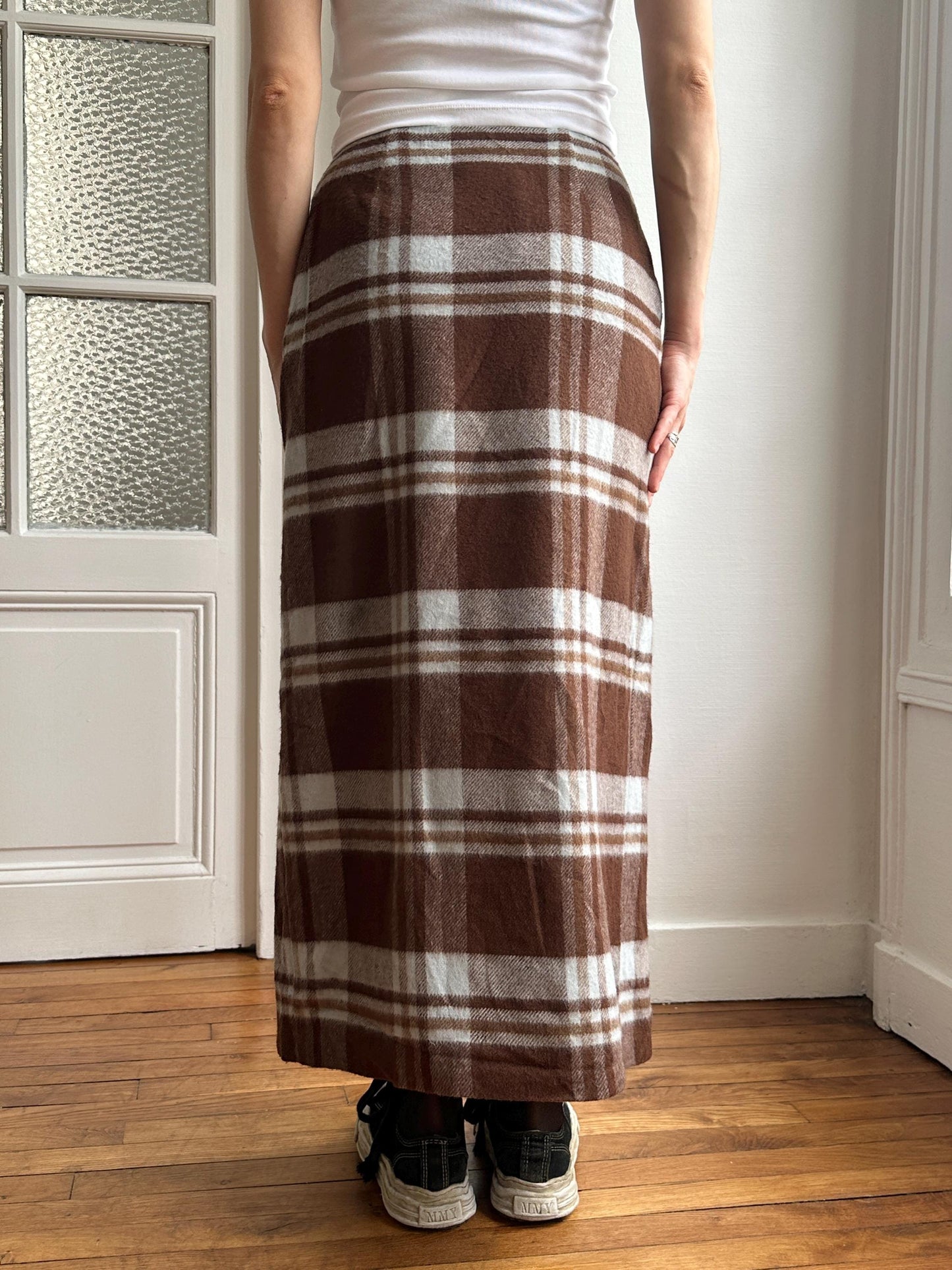 Vintage Plaid Wool Maxi Skirt in Brown