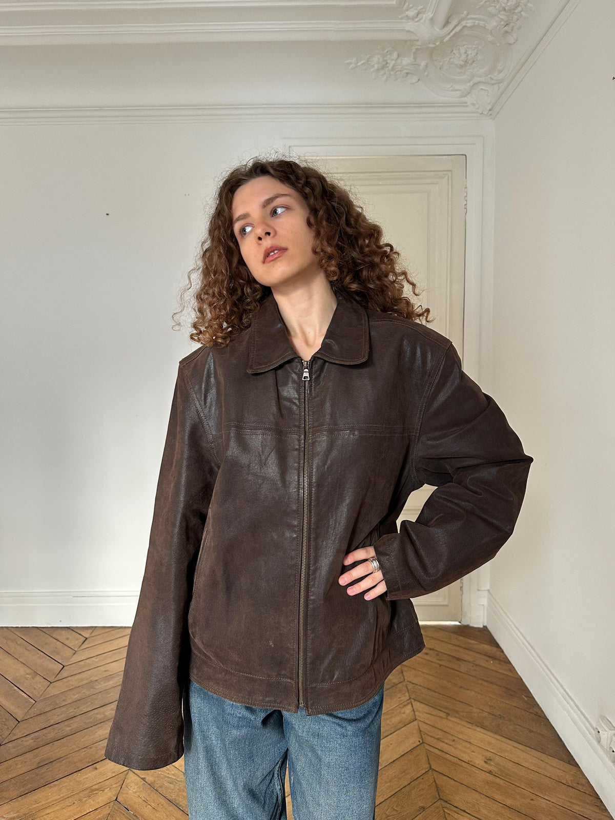 Vintage 90s Oversized Brown Leather Jacket in Brown