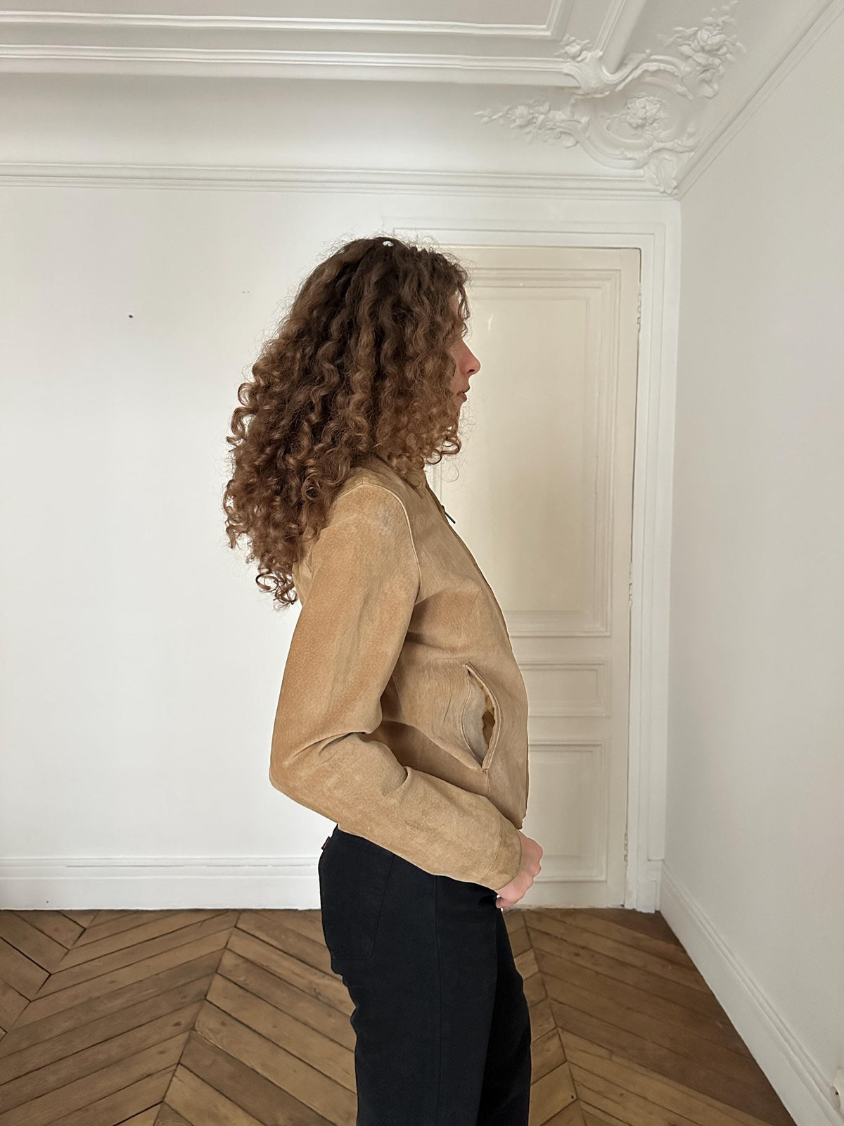 Vintage 90s Beige Suede Leather Minimalistic Jacket