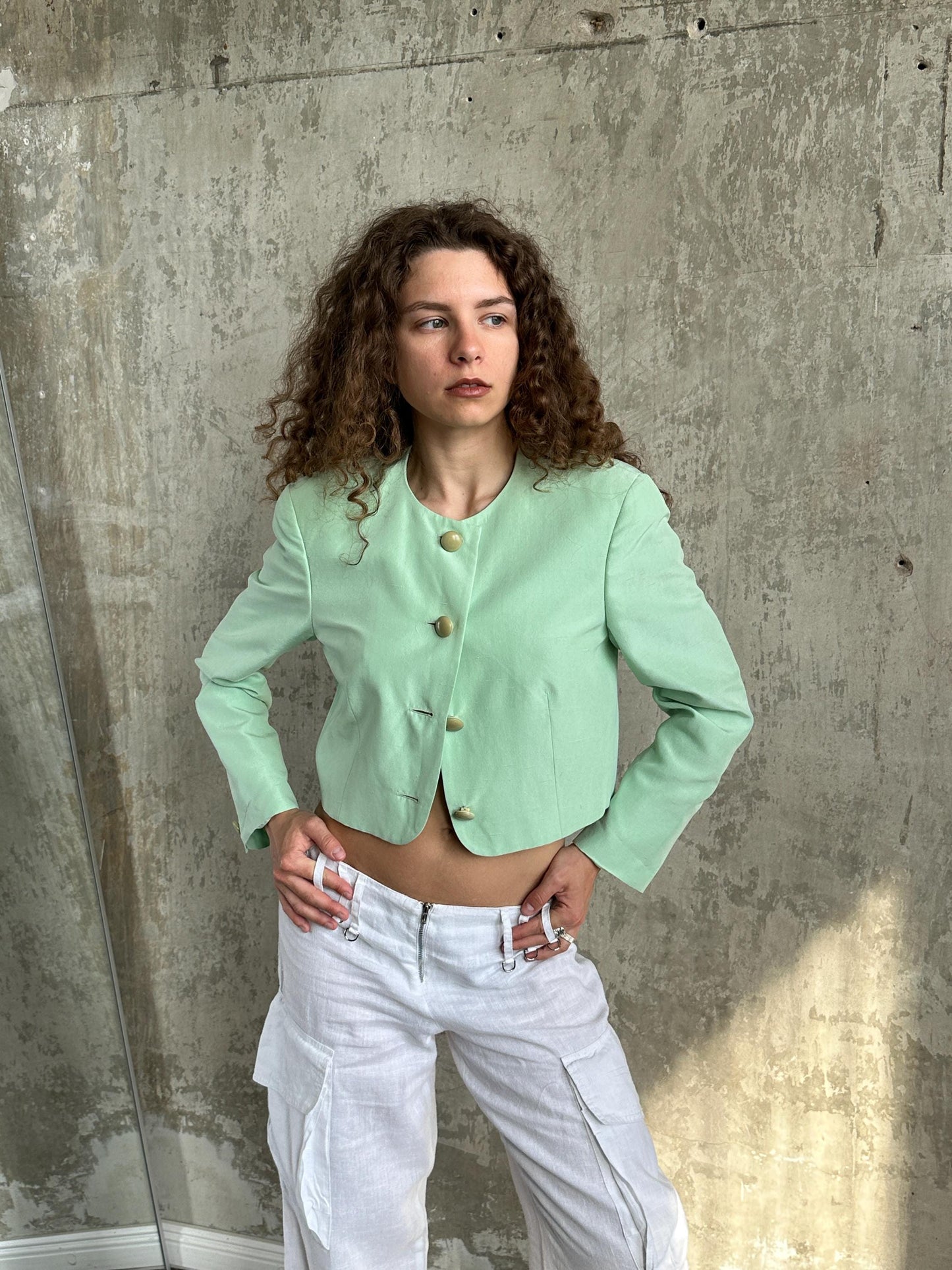 Vintage Cropped Blazer in Mint Green | Collarless Silk Jacket