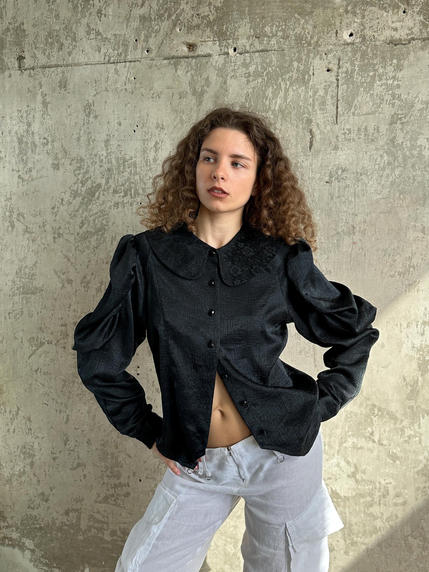 Vintage Black Puff Sleeve Romantic Draped Blouse
