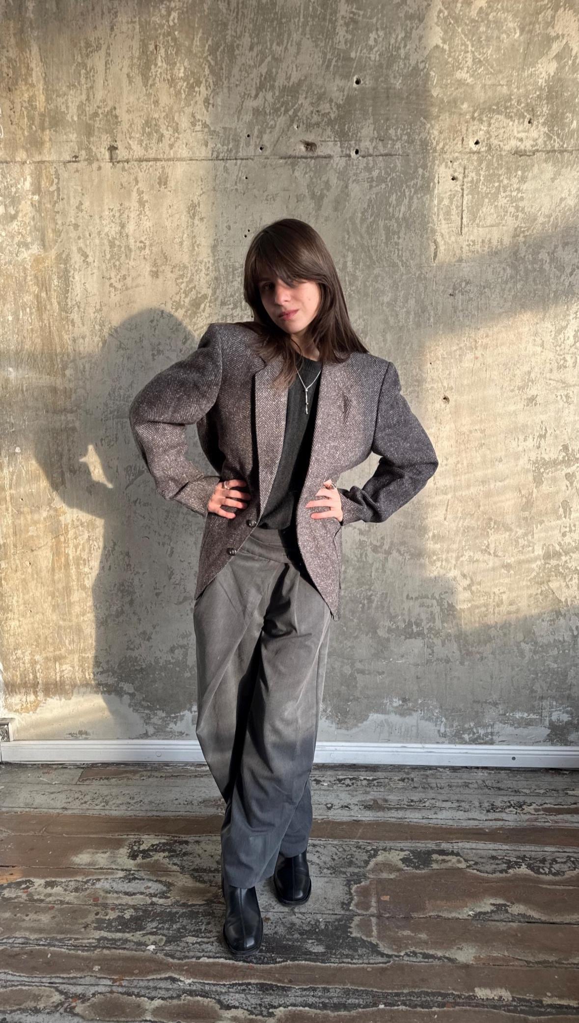 Vintage 90s Classic Herringbone Wool Blazer In Grey