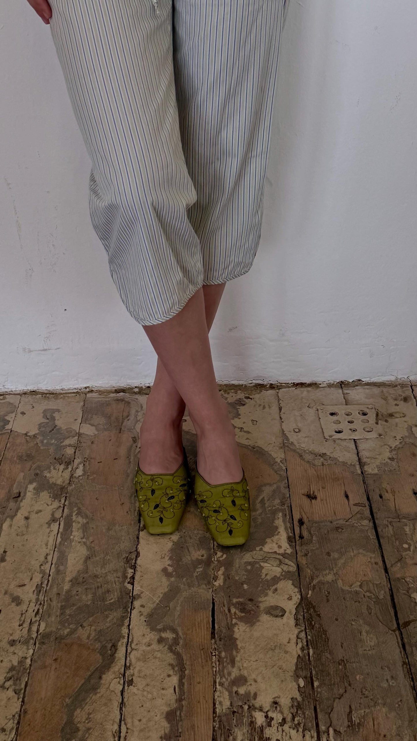 Vintage 90s striped pajama cotton top and trousers set in white
