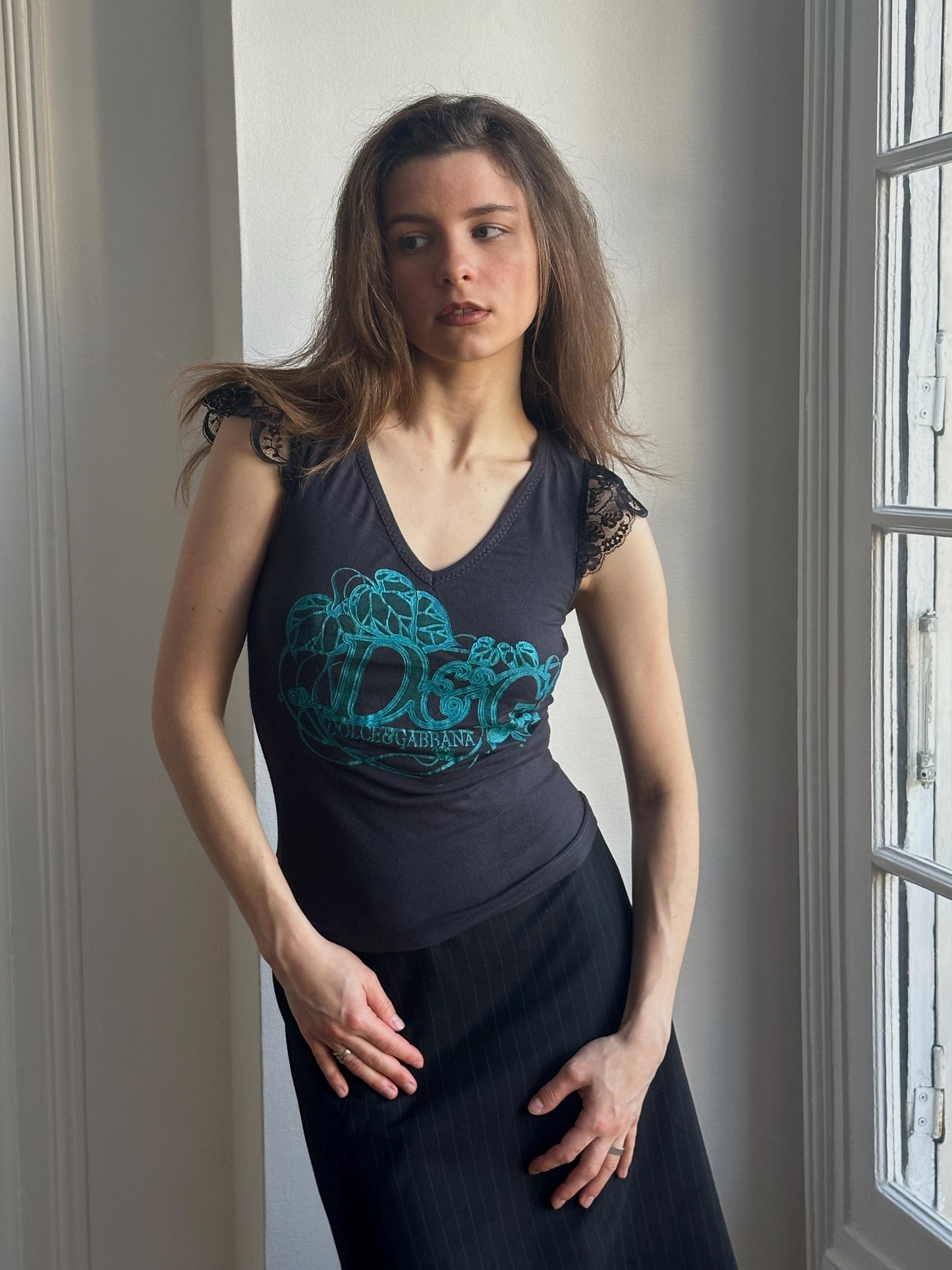 Vintage D&G Black Graphic Ruffled Lace Trim Top