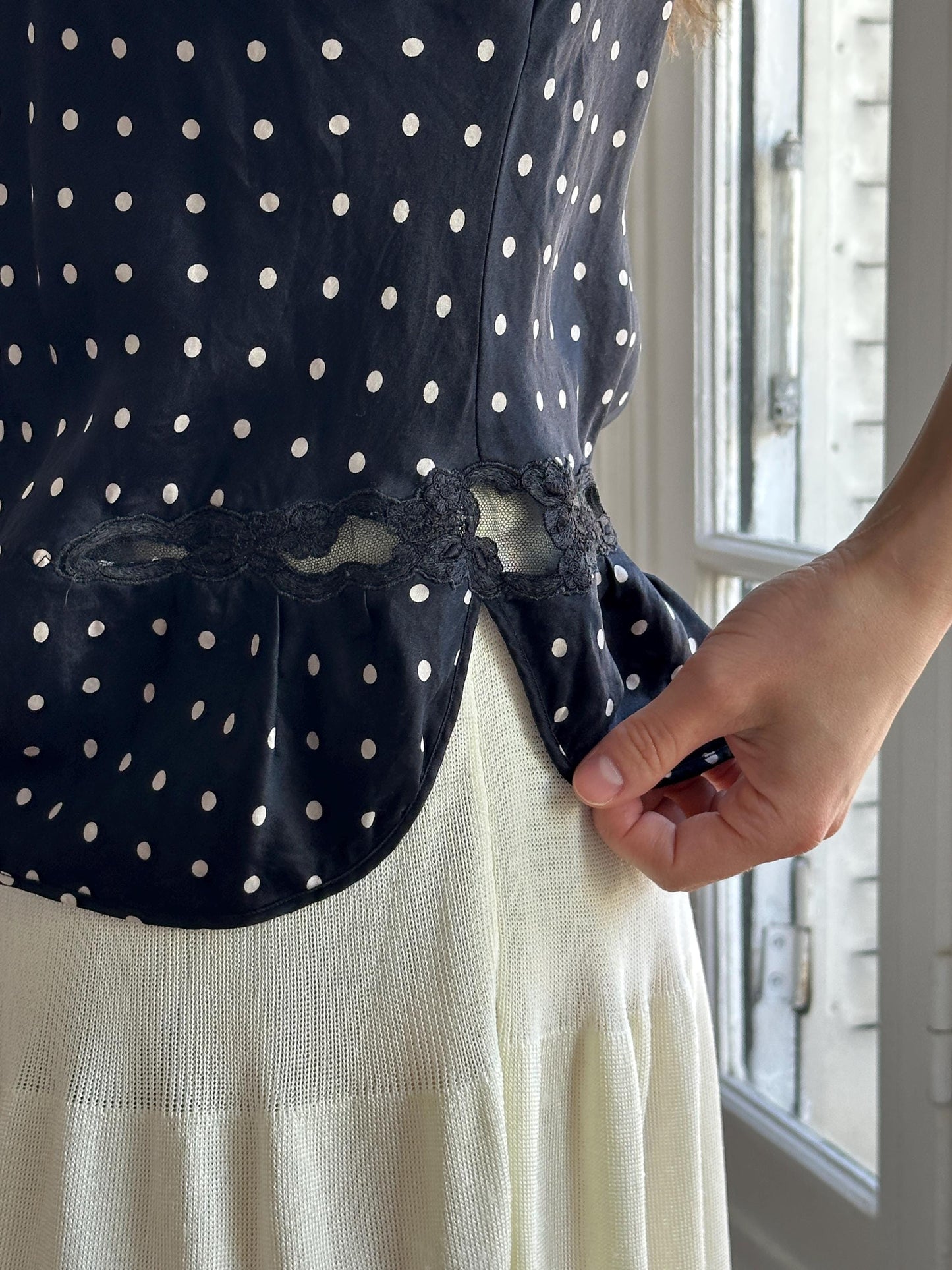 Vintage Pure Silk Polka Dot Nightie Top in Black