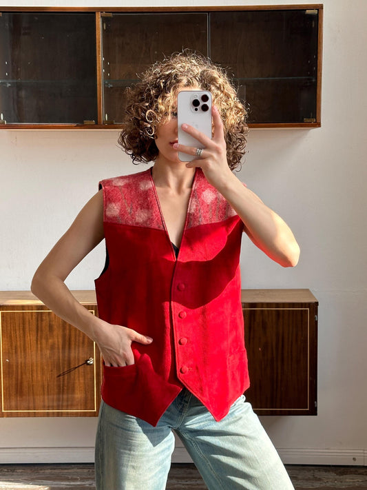 Vintage insulated leather vest in red, leather waistcoat