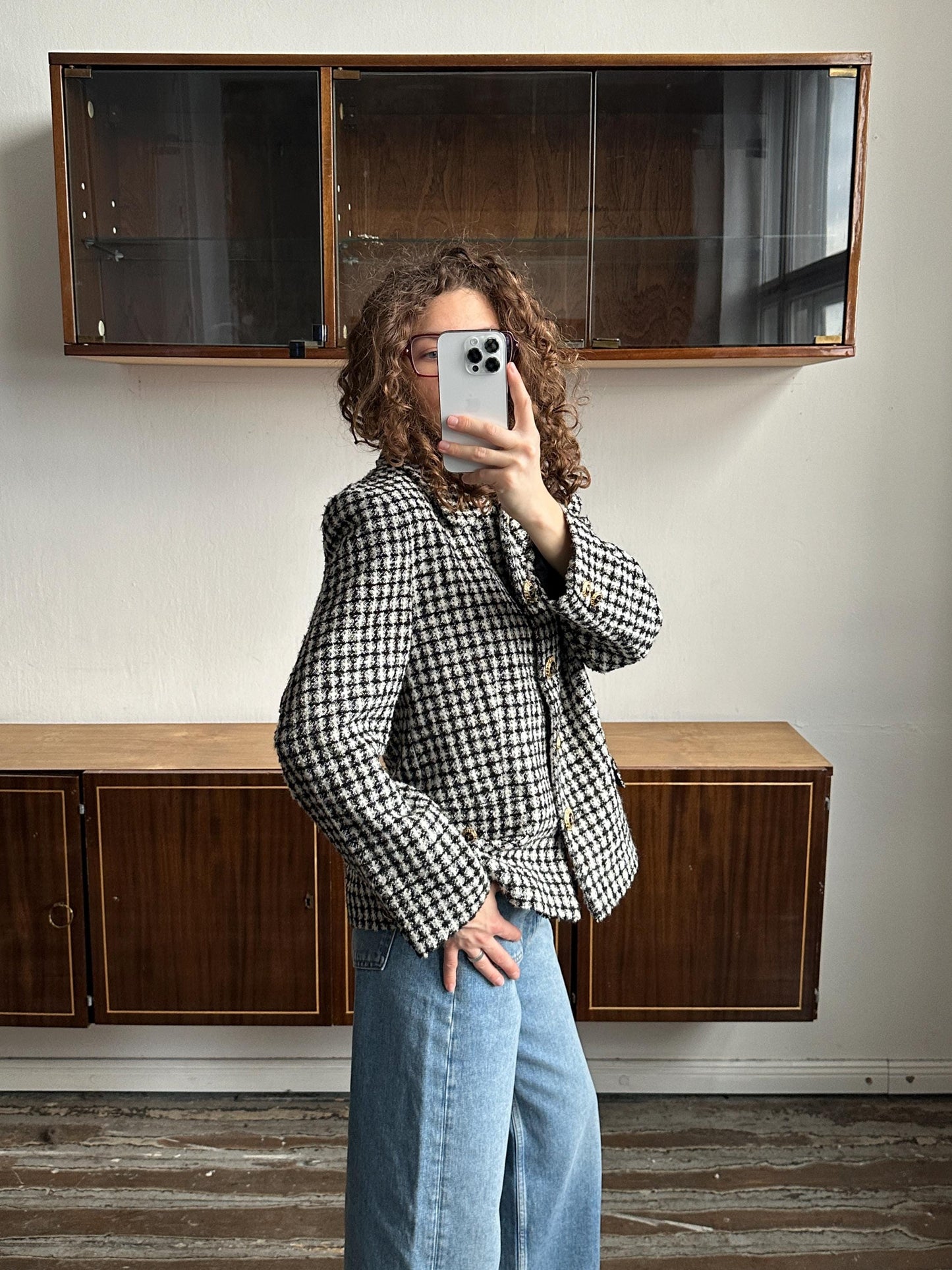 Vintage 80s Checked Tweed Blazer In Black & White