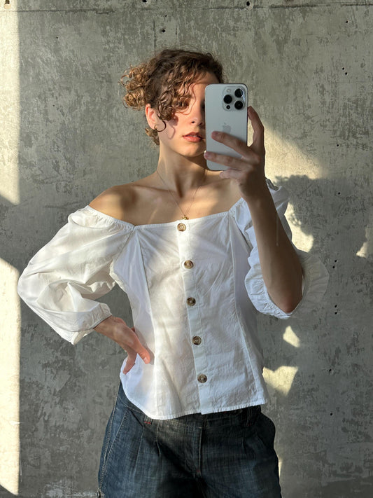 Vintage cotton blouse with balloon sleeves in white