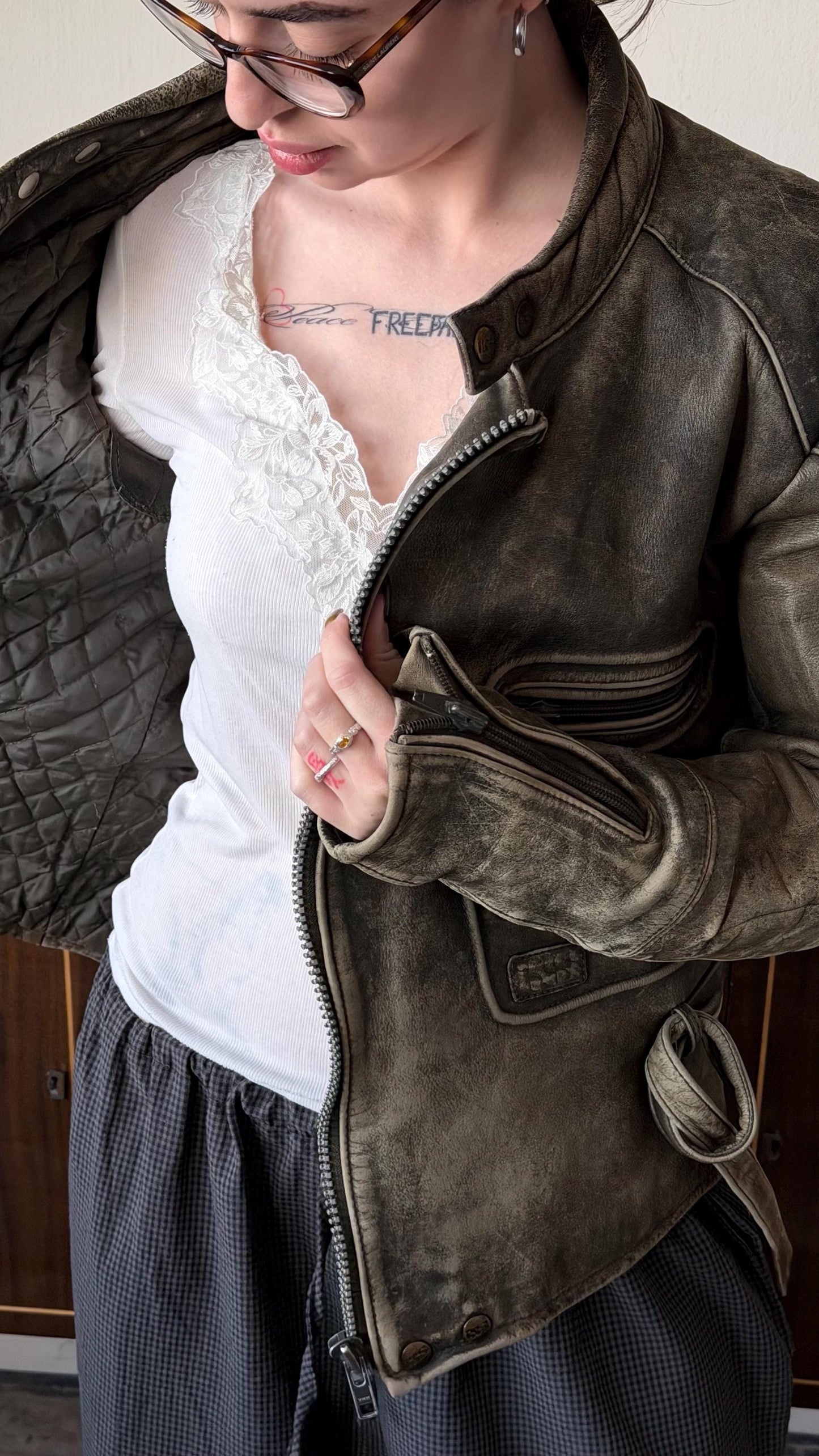 Vintage faded motorcycle leather jacket in brown