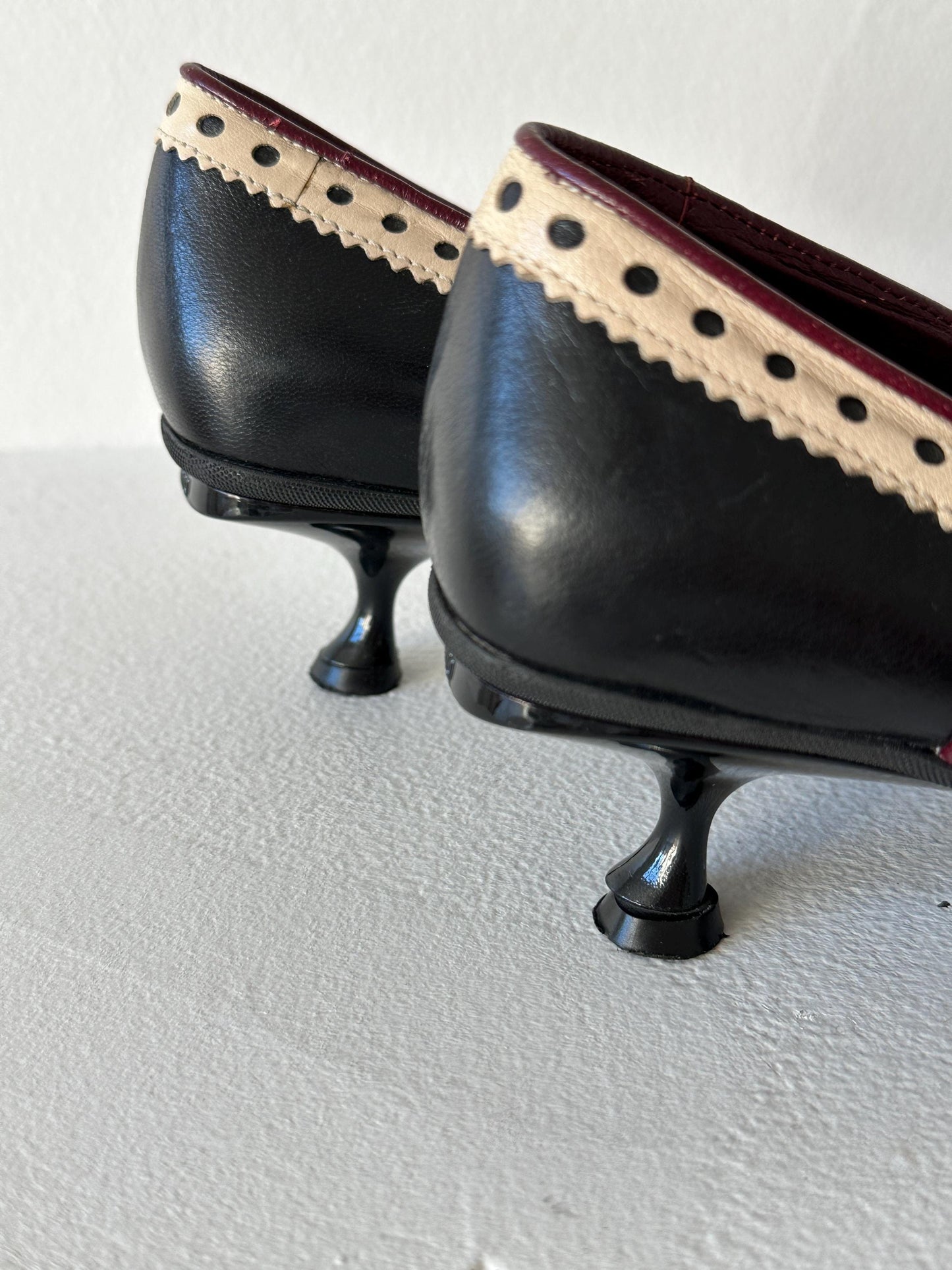 Miu Miu Black & Cream Perforated Leather Kitten Heel Pumps I US 6.5