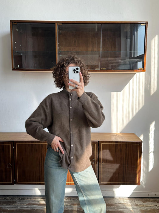 Vintage angora cardigan in brown, 80s fuzzy oversized sweater