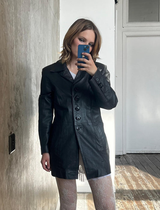 Vintage 90s leather button-down blazer jacket in black