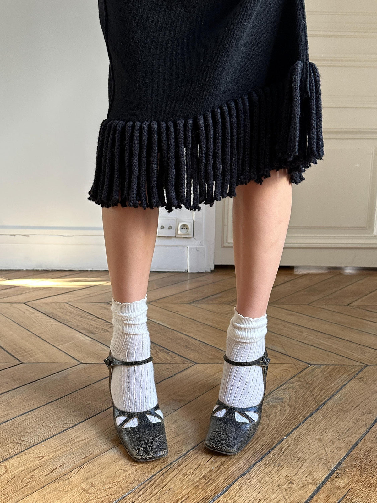 Vintage Sonia Rykiel Knit Skirt Black with Fringe