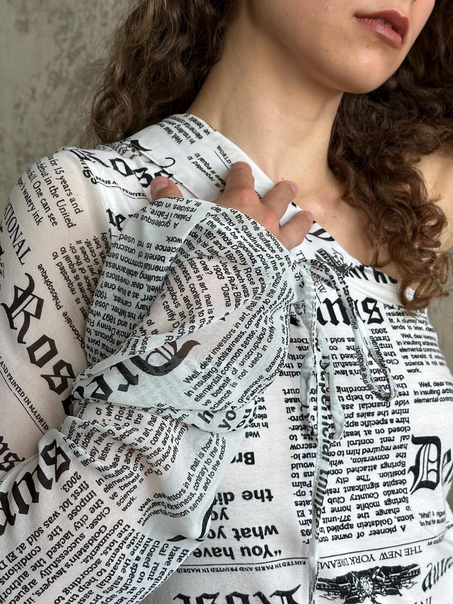 Vintage Denny Rose Newspaper Print One-Shoulder Top in Black and White