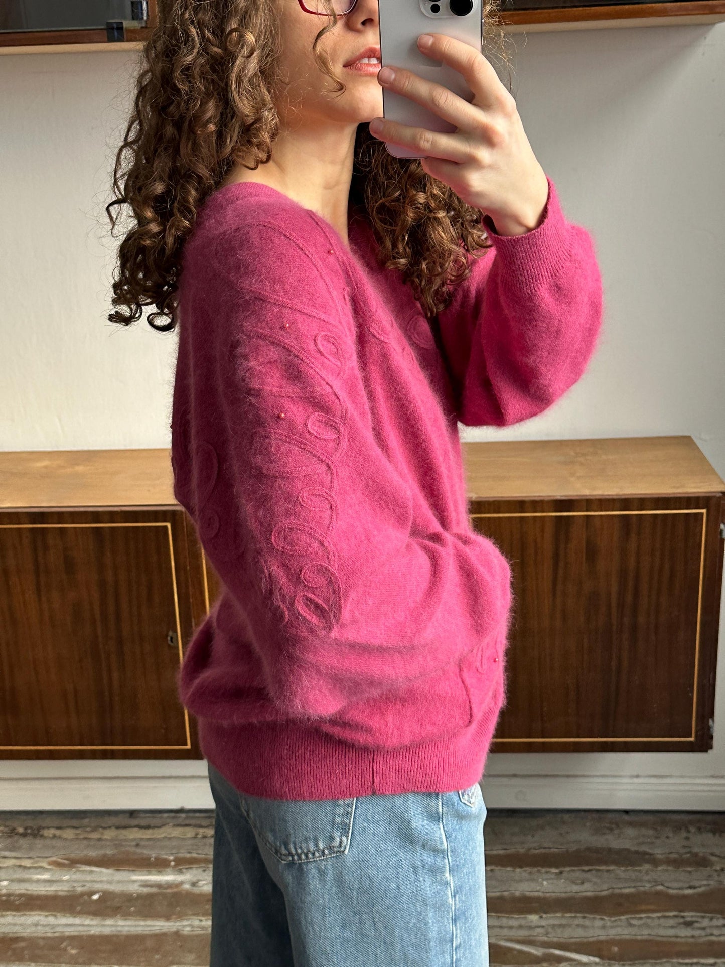 Vintage Angora Wool Embroidered Cardigan In Pink