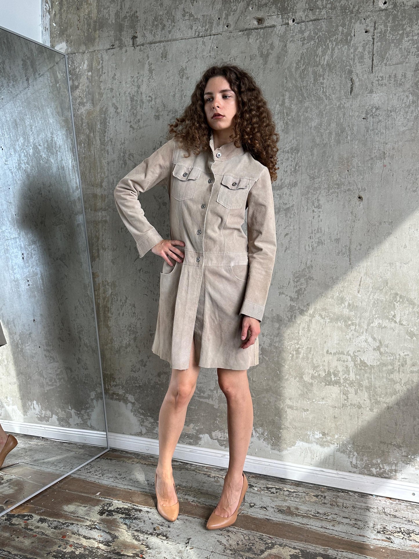 Vintage Beige Suede Leather Coat with Raw Edge