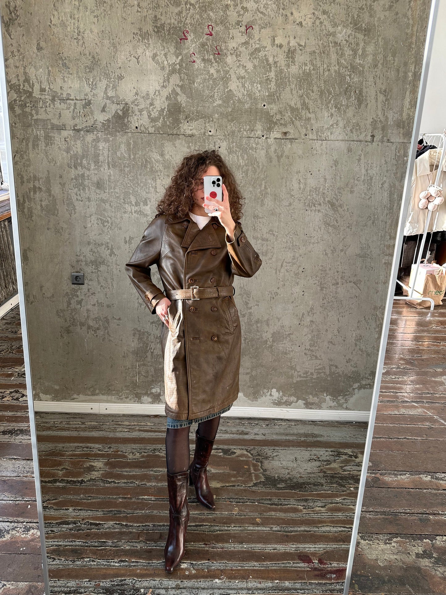 Vintage 90s genuine leather coat in brown, belted coat