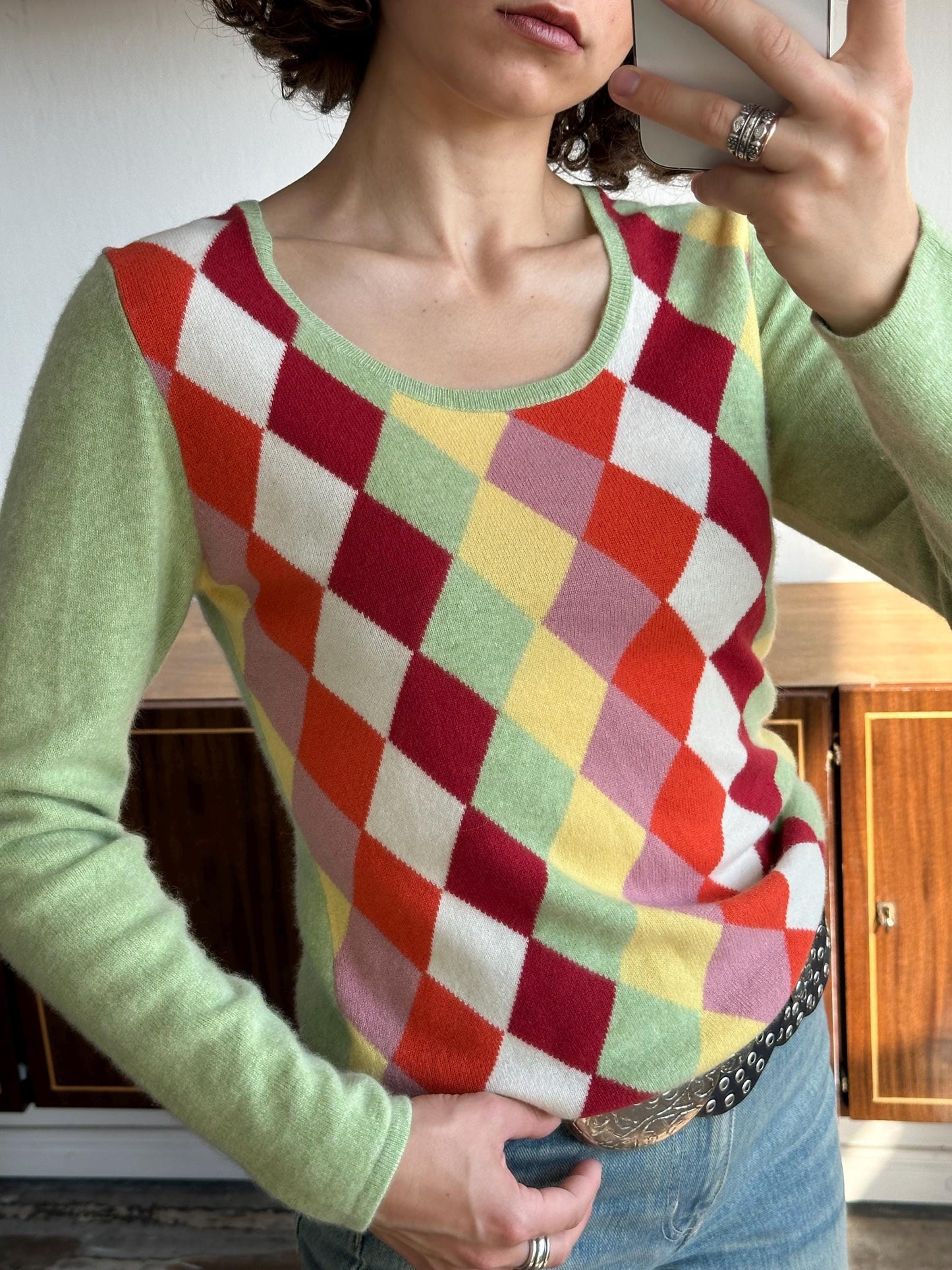 Vintage 90s argyle cashmere sweater in green, multicolor diamond sweater