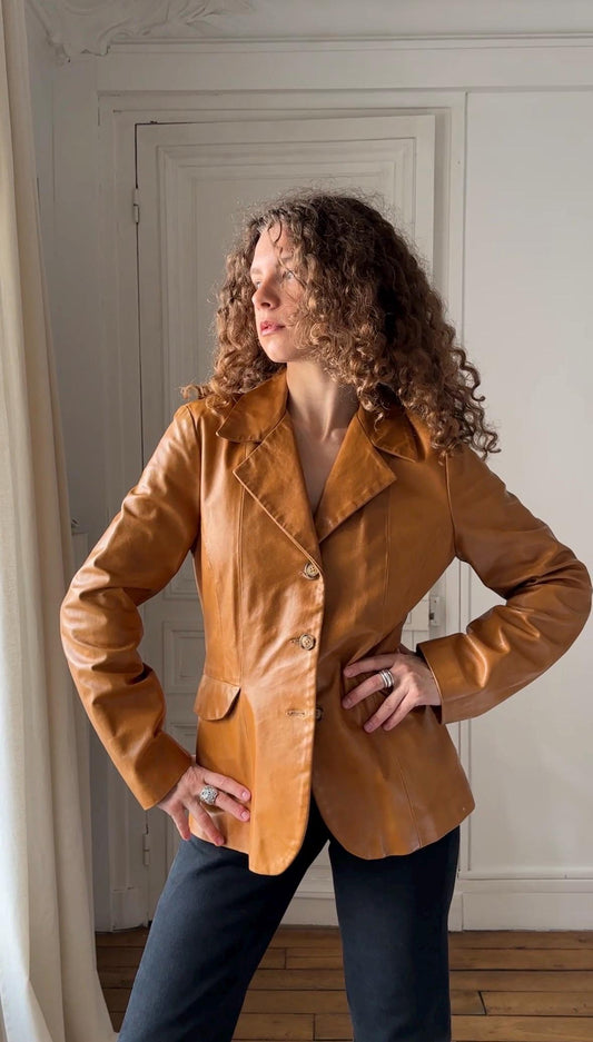 Vintage 90s Caramel Brown Fitted Leather Blazer Jacket