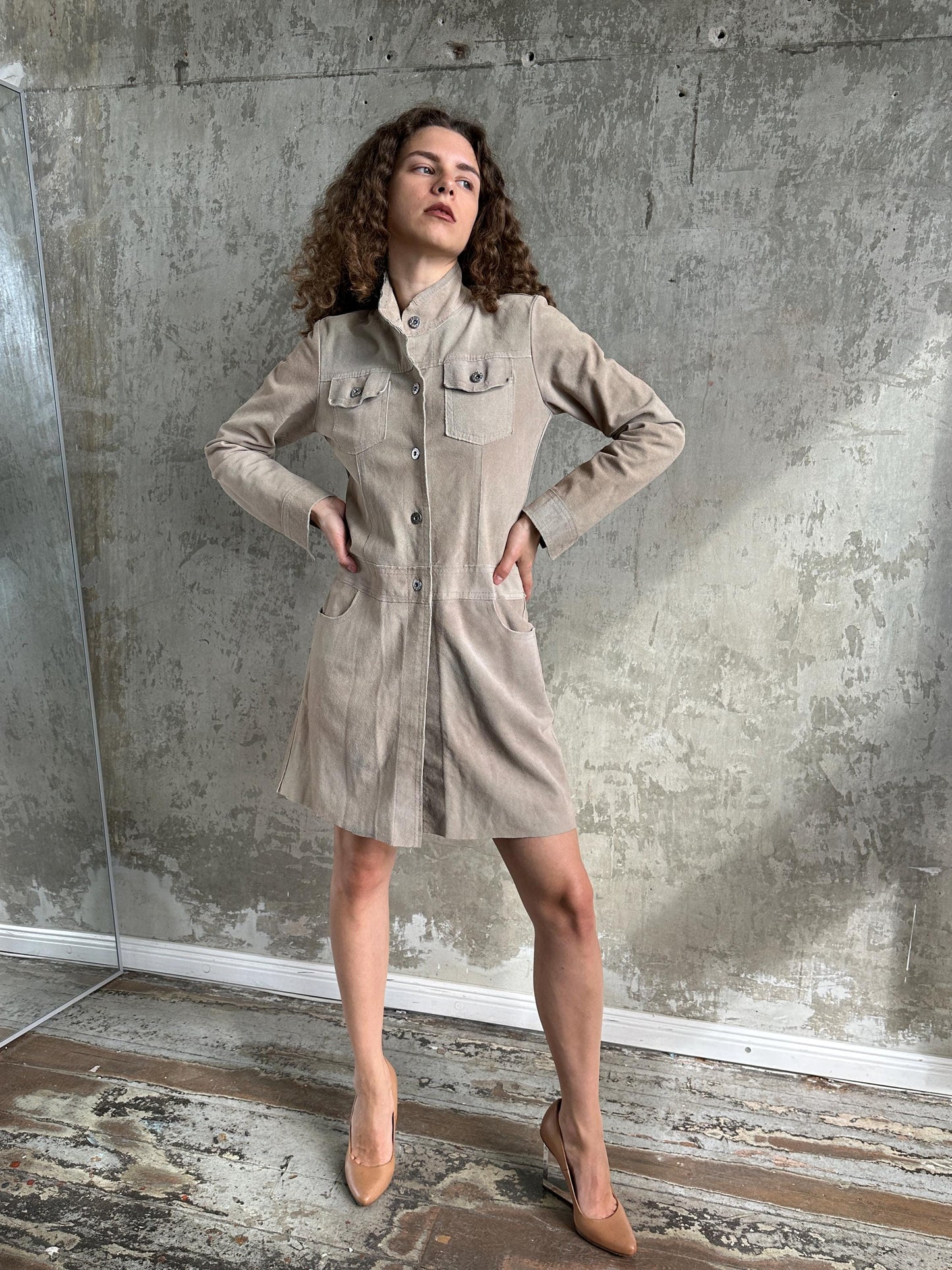 Vintage Beige Suede Leather Coat with Raw Edge