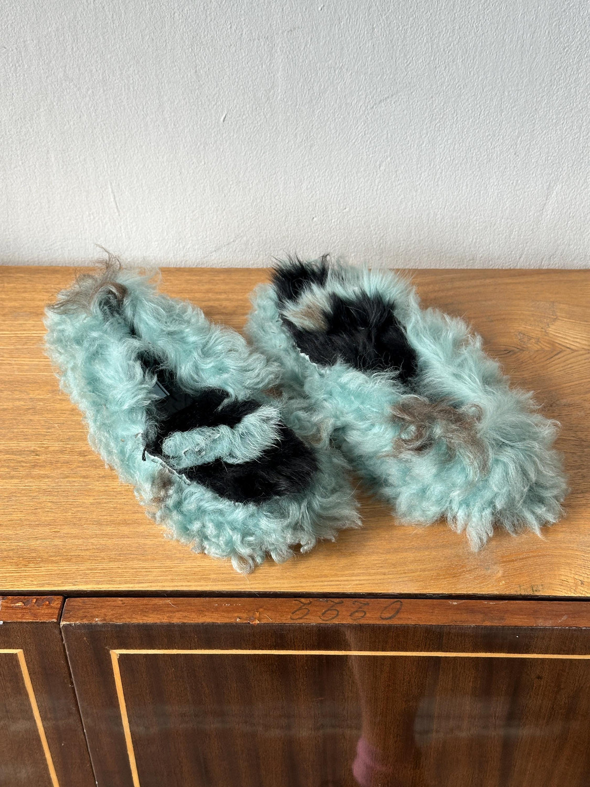 Vintage Prada Milano Shearling Fur Slipper | Mint Green & Black Furry Slides | US 6