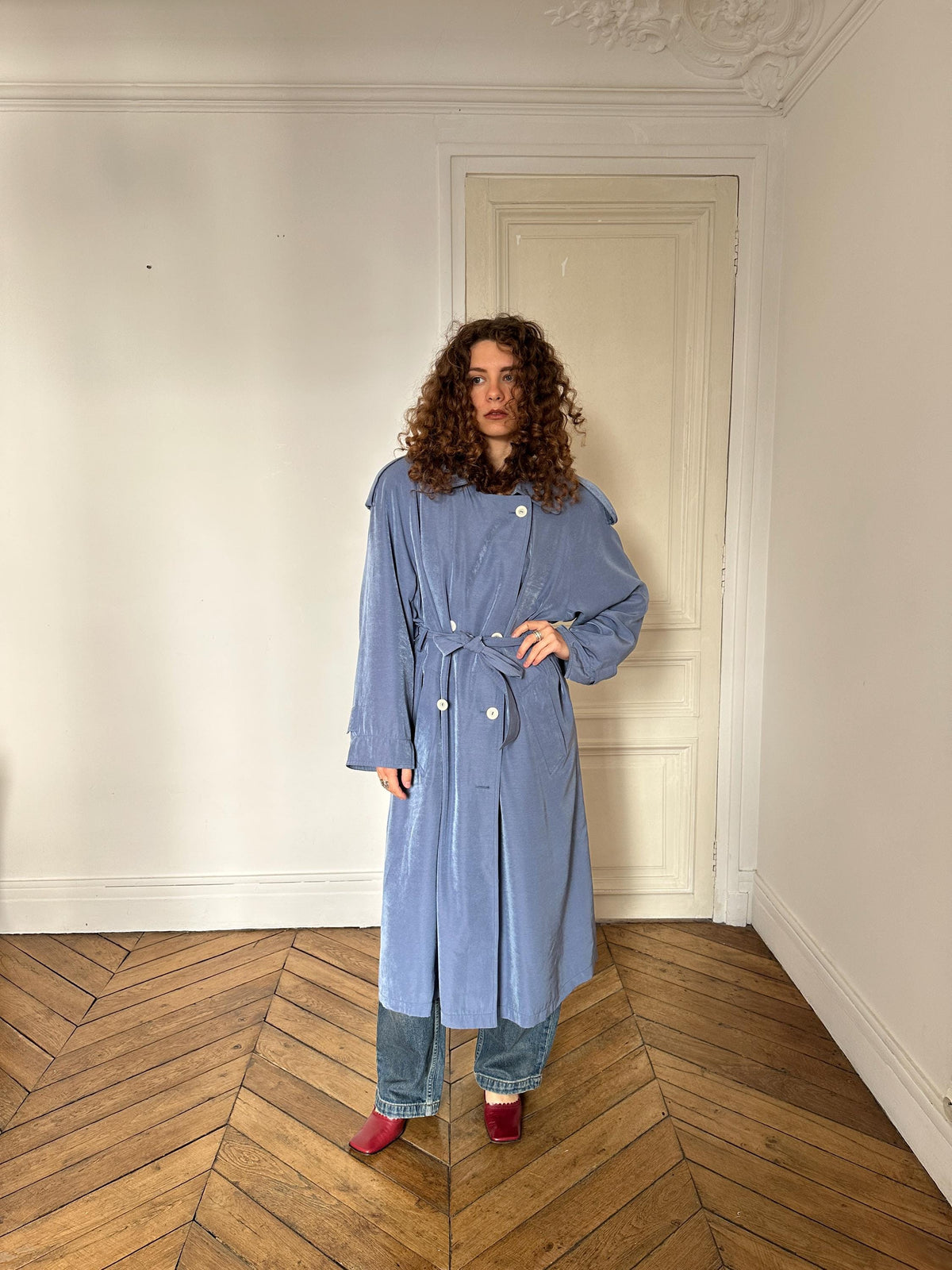 Vintage Cloudy Blue Long Trench Coat
