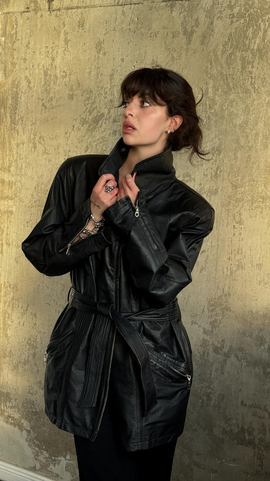 Vintage Leather Oversized Bomber Jacket In Black