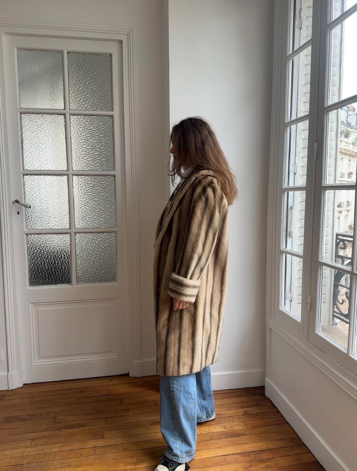 Vintage 60s Faux Fur Coat: Striped, Pom-Pom Closure, Midi Length, British Nylon