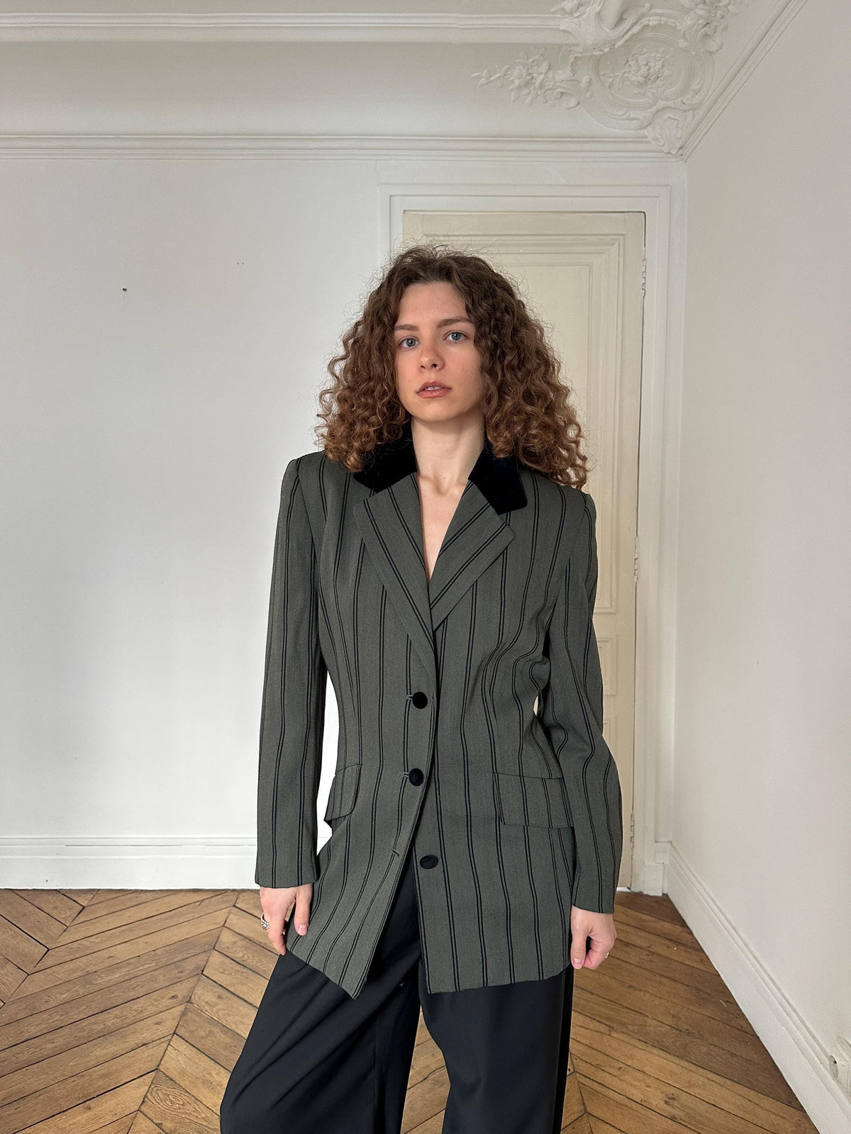 Vintage Striped Wool Blazer with Black Velvet Collar in Green