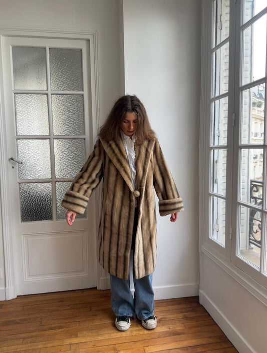 Vintage 60s Faux Fur Coat: Striped, Pom-Pom Closure, Midi Length, British Nylon