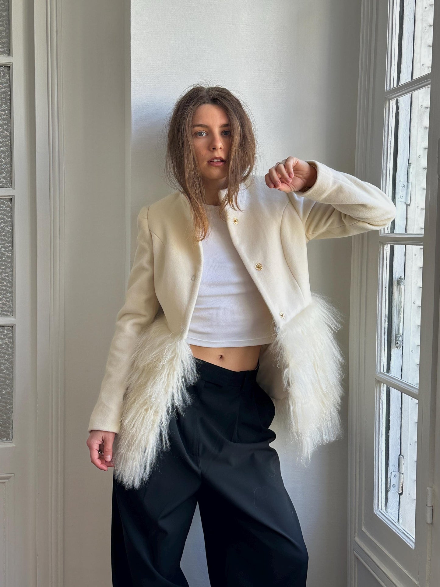 Vintage Y2K Ivory Wool Short Coat with Tibetan Lamb Fur Hem