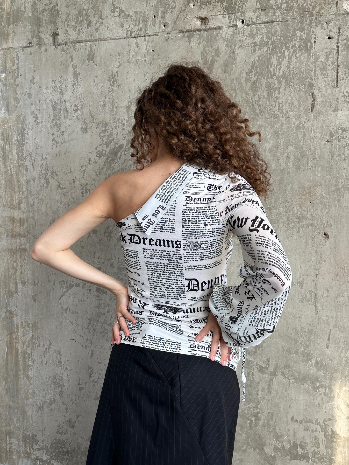 Vintage Denny Rose Newspaper Print One-Shoulder Top in Black and White