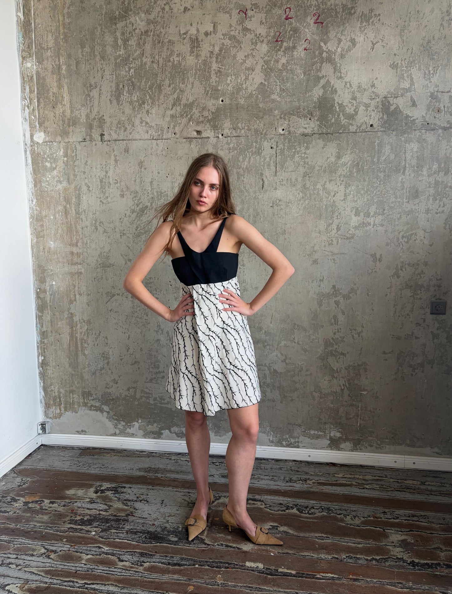 Vintage Balenciaga Branch Halter Dress in Black and White | Nicolas Ghesquière Era Silk Dress